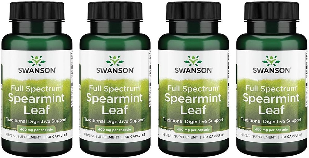 Swanson Spearmint Leaf (Mentha Spicata)- πλήρες φυτικό συμπλήρωμα Spectrum Υποστήριξη Digestive Health '&' Ήπια θέματα στομάχου - (60 κάψουλες, 400mg έκαστο) 4 Συσκευασία