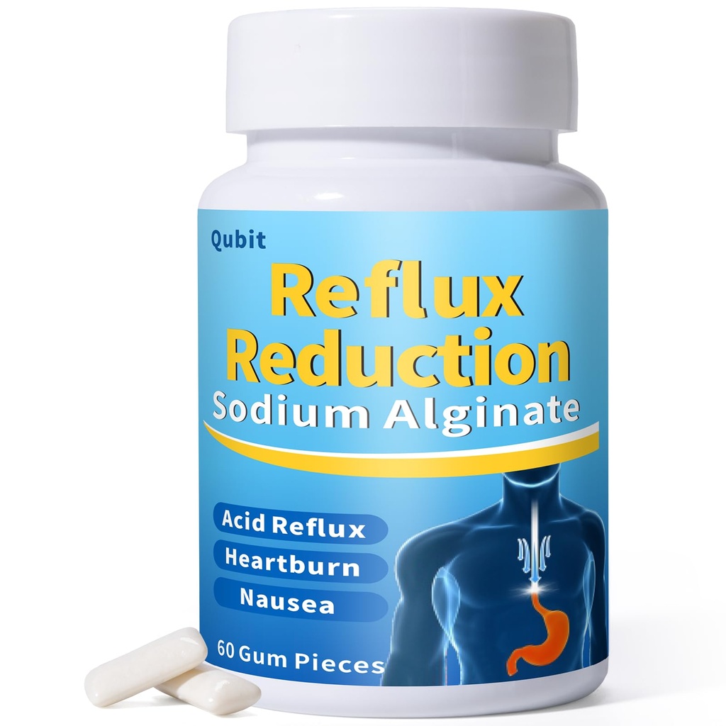 QUBIT Reflux Chewing Gum, Sodium Alginate Bicarbonate Gum for Acid Reflux, Heartburn, Indigestion & Nausea, Taste Well, Gourmet, Raft Barrier on Stomach, Sugar-Free, Vegan, 60 Pieces