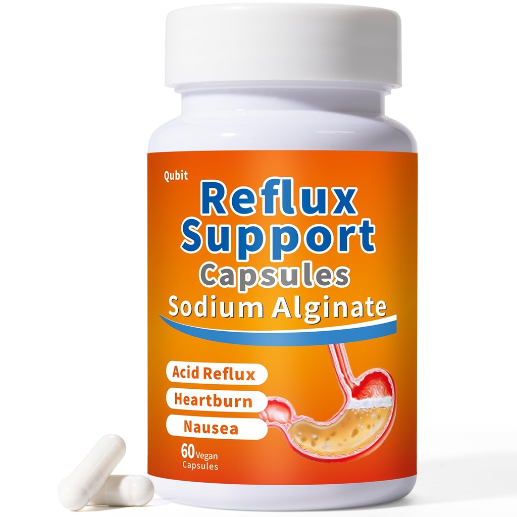 QUBIT Sodium Alginate for Acid Reflux – No Aftertaste & Taste Well, Easy to Swallow, for Silent Reflux, Heartburn & Indigestion – Gourmet Raft Barrier on Stomach – 60 Vegan Capsules