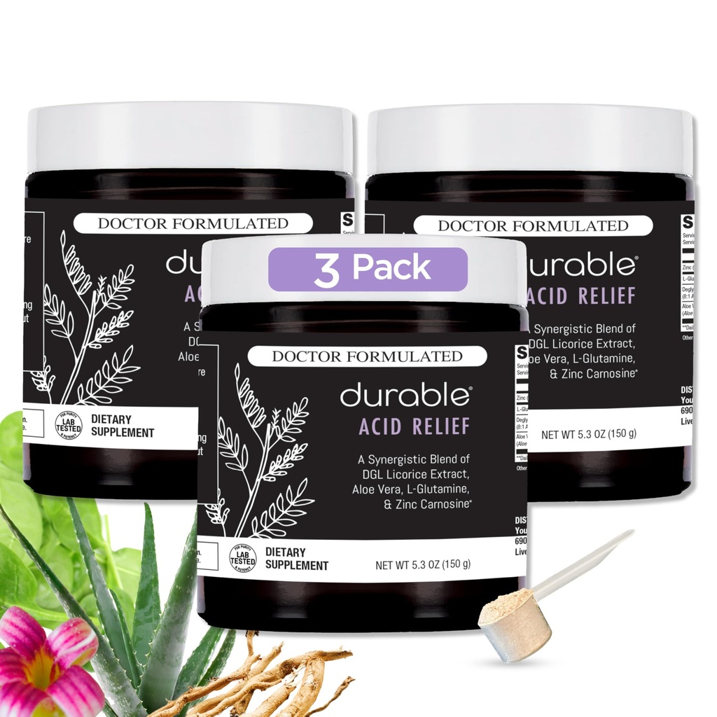 Durable Acid Relief – DGL & Aloe Vera – Supports Occasional Heartburn, Indigestion & Reflux – Gut & Digestive Health – Doctor Formulated, Vegan, Non-GMO, Made in USA – Powder, 90 Servings