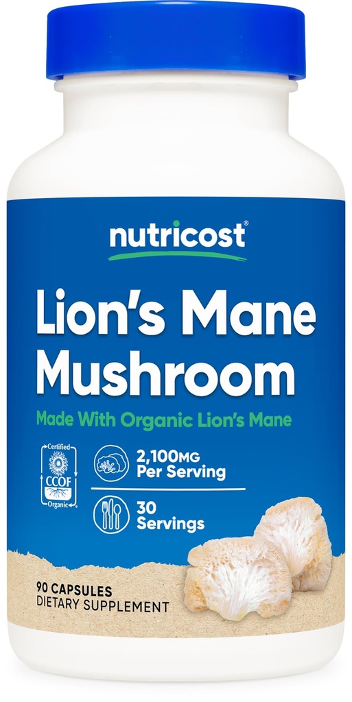 Nutricost Lion's Mane Mushroom Capsules 2100mg, 30 Servings - CCOF Certified Made with Organic, Vegetarian, Gluten Free, 700mg Per Capsule, 90 Capsules