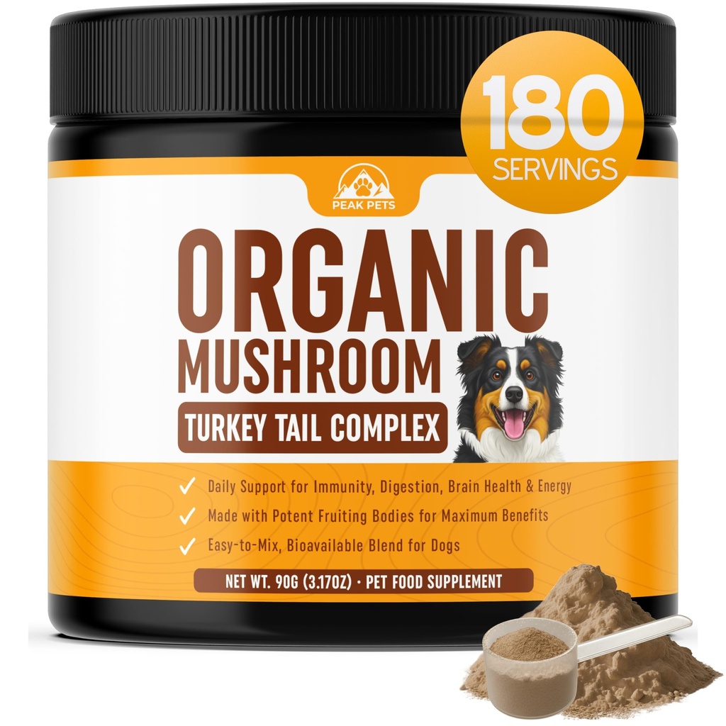 Turkey Tail Mushroom for Dogs Supplement Powder (90g) Organic Mushroom Complex with Lion's Mane for Dogs - Immune Support, Brain Health and Digestion - Third Party Tested, Non-GMO and Made in USA
