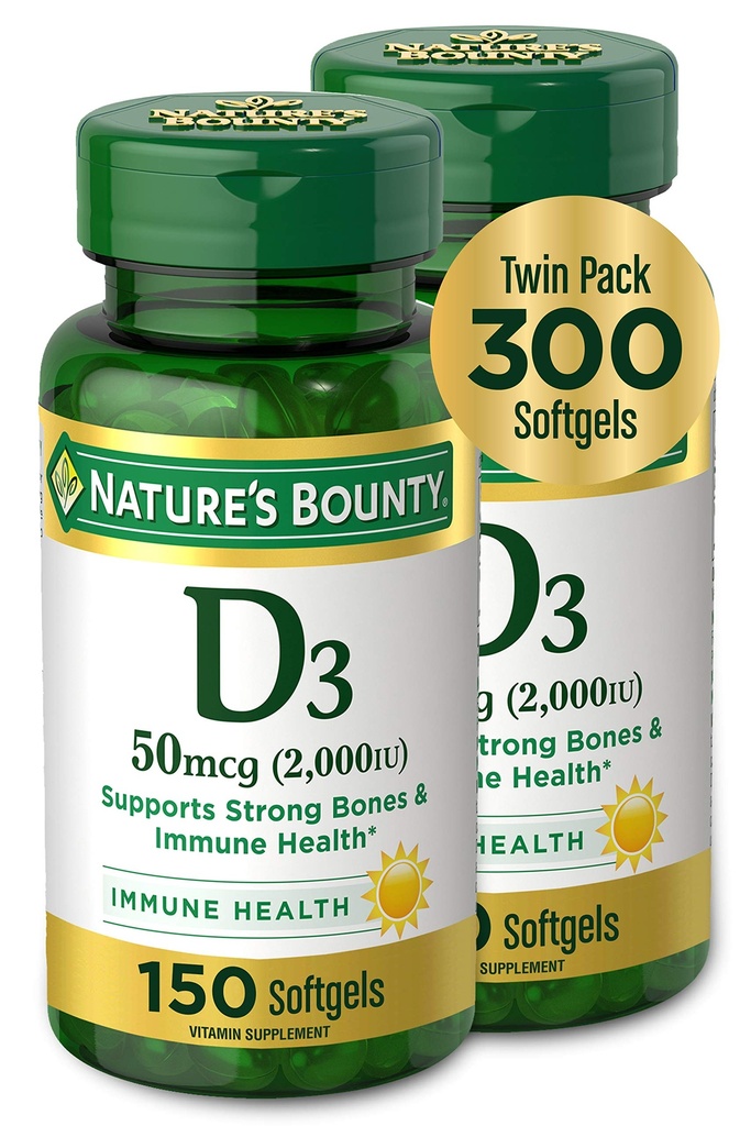 Nature's Bounty Vitamin D3, Supports Immune System and Bone Health, 50mcg, 150 Softgels (Pack of 2)