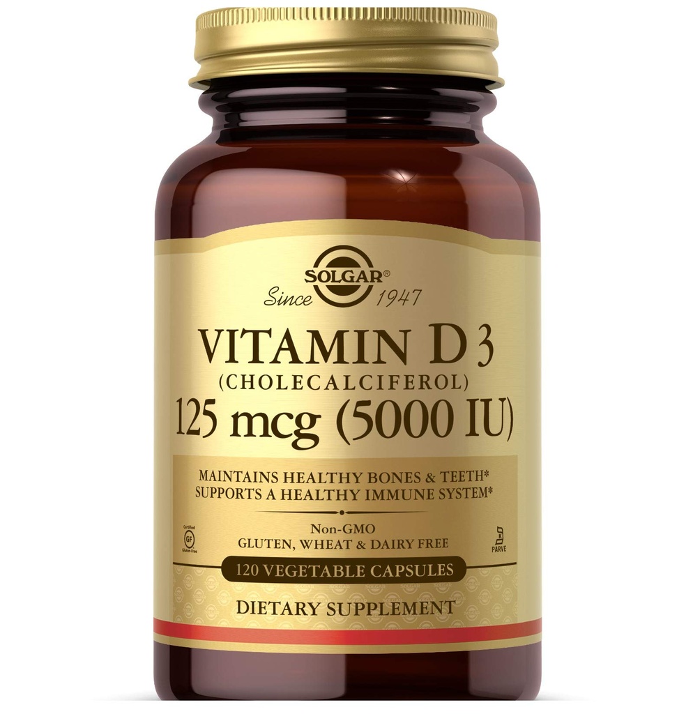 Solgar Vitamin D3 (Cholecalciferol) 125 Mcg (5000 IU), 120 Vegetable Capsules - Helps Maintain Healthy Bones & Teeth - Immune System Support - Non-GMO, Gluten Free, Dairy Free, Kosher - 120 Servings