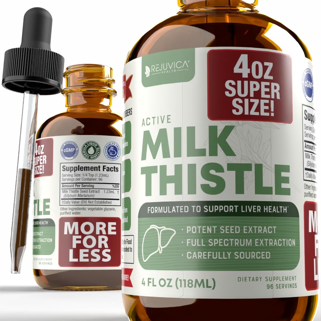 Rejuvica Health Active Milk Thittle 4oz XL Super Size - Προηγμένο γάλα Thistle Σπόροι σταγόνα υγρού εκχυλίσματος - Μπορεί να υποστηρίξει το συκώτι - χωρίς ζάχαρη Vegan μη GMO Βάμμα