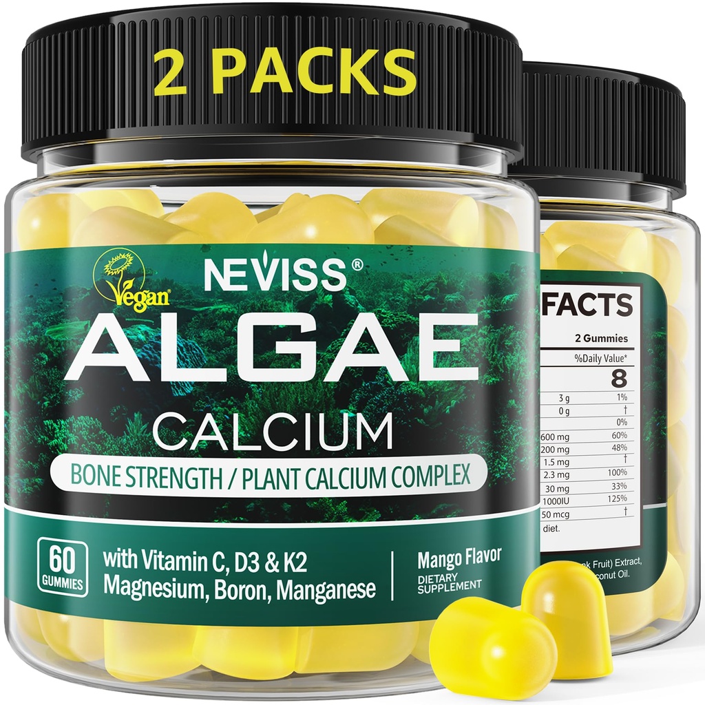(2 Pack) Gummies ασβεστίου για τις γυναίκες, συμπλήρωμα ασβεστίου χωρίς ζάχαρη από βιώσιμα φύκη (3rd Party tested) με βιταμίνη D3 K2, C, ψευδάργυρο, βόριο, Μαγγάνιο για την αντοχή των οστών, Απορρόφηση ασβεστίου, Vegan