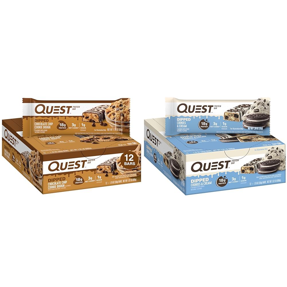 Quest Dipped Chocolate Chip Cookie Dough & Cookies and Cream Protein Bars Bundle, 1.76 Oz, 12 Ct
