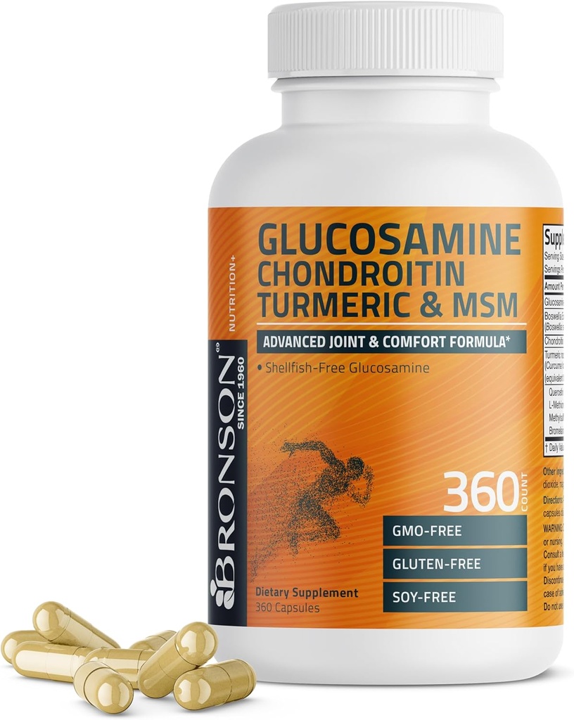 Bronson Glucosamine Chondroitin Turmeric & MSM Advanced Joint & Cartilage Formula, Υποστηρίζει υγιείς αρθρώσεις, κινητικότητα & Cartilage - Μη ΓΤΟ, 360 κάψουλες