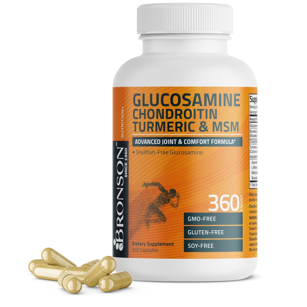 Bronson Glucosamine Chondroitin Turmeric & MSM Advanced Joint & Cartilage Formula, Υποστηρίζει υγιείς αρθρώσεις, κινητικότητα & Cartilage - Μη ΓΤΟ, 360 κάψουλες