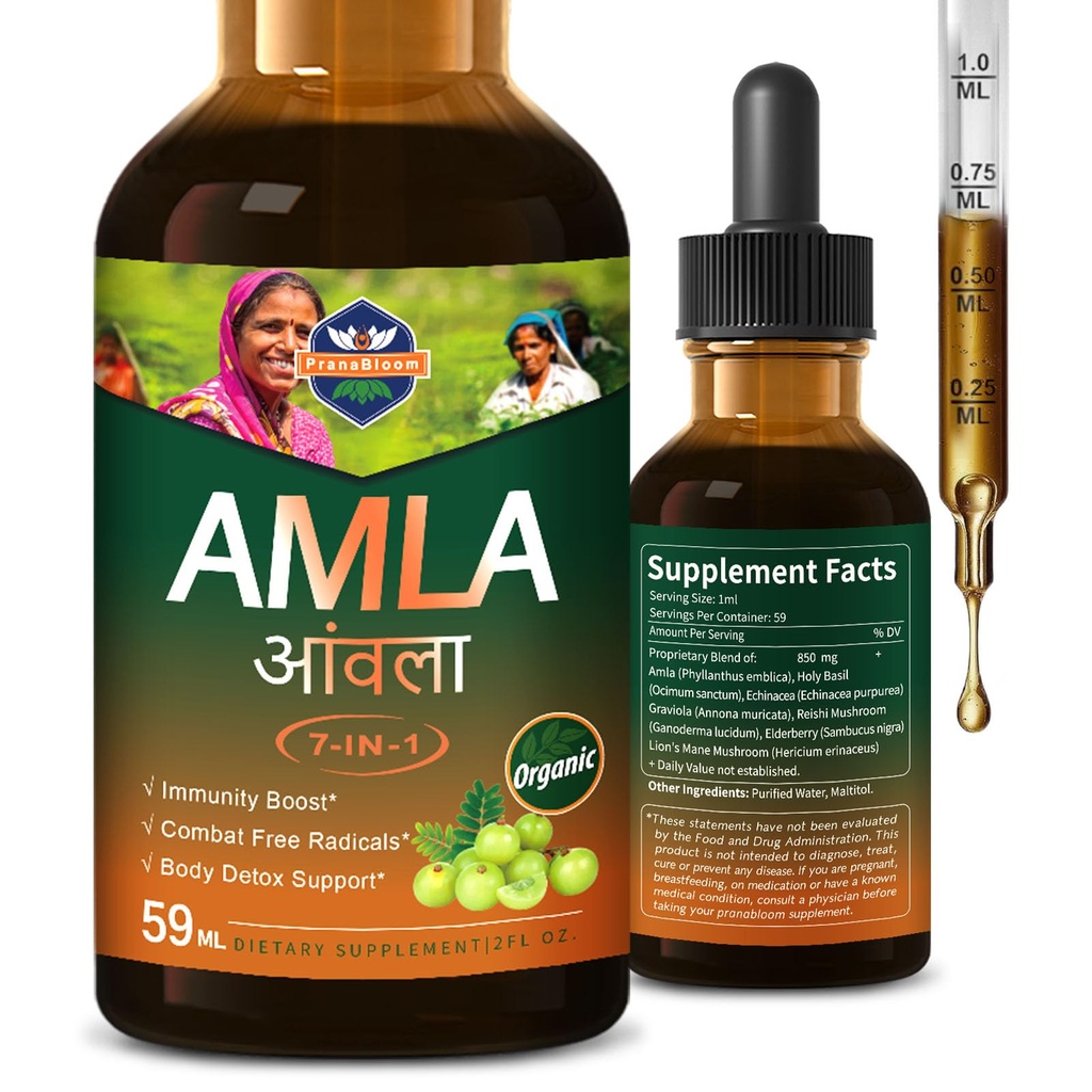 Amla Extract Immunity Boost Drops, Natural Indian Gooseberry Fruit Supplement for Body Detox Support w/Holy Basil, Echinacea, Graviola, Reishi, Elderberry, and Lion's Mane. 2oz