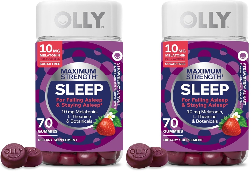 OLLY Max Strength Sleep Gummy,10mg Melatonin,L-Theanine,Chamomile,Lemon Balm,Sugar Free,Vegetarian Sleep Aid,Strawberry -,70 Count (Pack of 2)