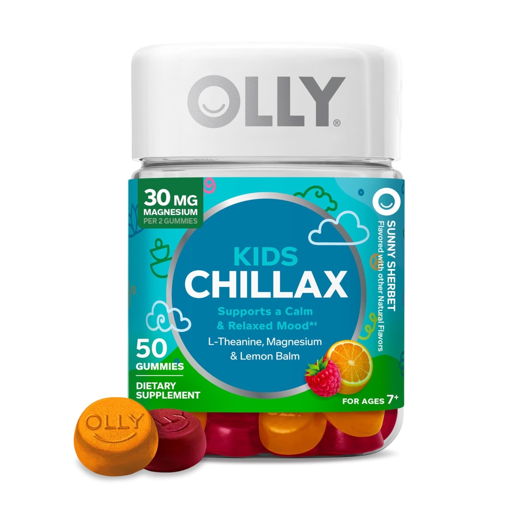 OLLY Kids Chillax Gummy, For a Calm and Relaxed Mood*, Magnesium, L-Theanine, Lemon Balm Extract, Chewable Supplement, Sherbet Flavored, 25 Day Supply - 50 Count (Packaging May Vary)