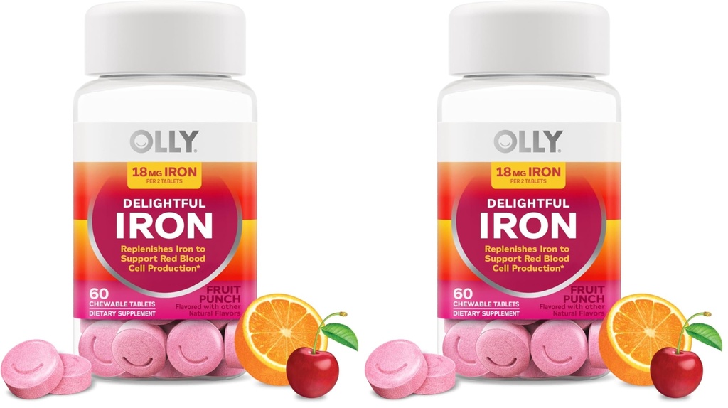 OLLY Delightful Iron Chewable Tablet, Iron Supplement from AB Fortis, Fruit Punch Flavor, 30 or 20 Day Supply - 60 Count (Pack of 2)