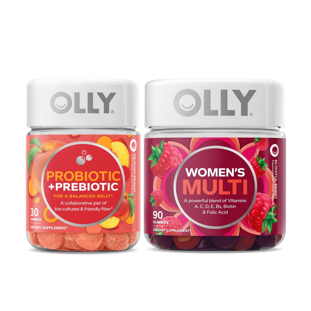 OLLY Probiotic + Prebiotic and Women’s Perfect Multi Starter Pack Bundle, Live Cultures & Friendly Fiber, Vitamins A, C, D, E, Bs, Biotin & Folic Acid, 30 and 90 Count