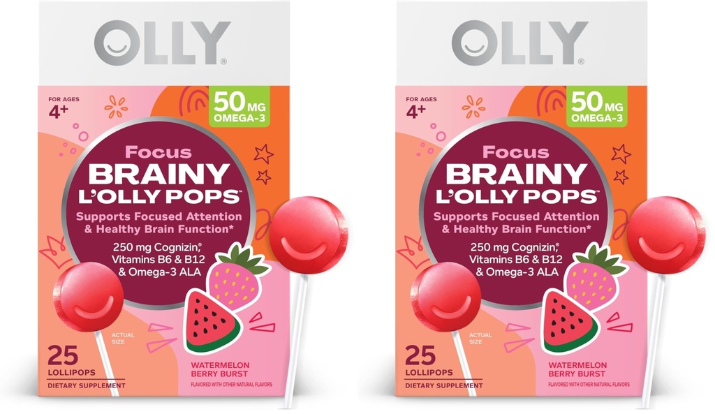 OLLY Focus Buddies L’OLLY Pops, Cognizin, Vitamins B6 & B12, Omega-3 ALA, Supports Focused Attention & Healthy Brain Function,* Kids 4+ Dietary Supplement, Watermelon Strawberry,25 Count (Pack of 2)