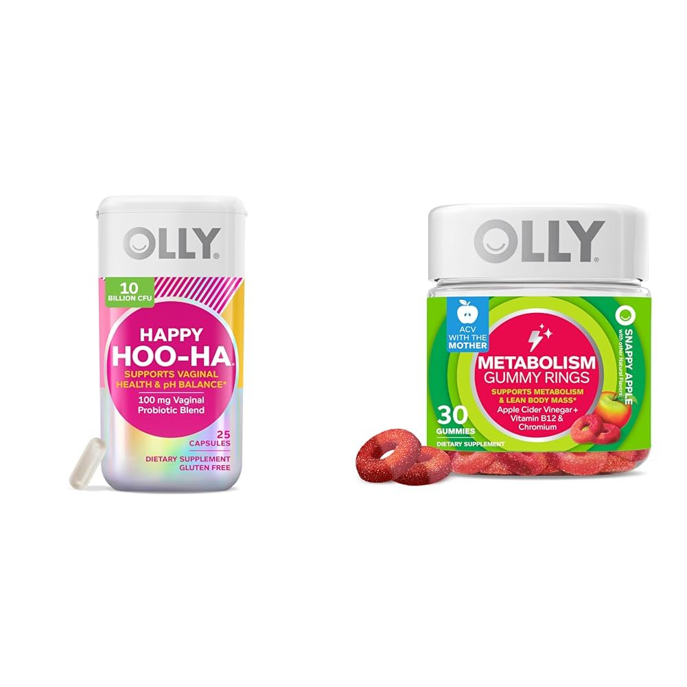 OLLY Happy Hoo-Ha Probiotic for Women Vaginal Health Capsules 25 Count & Metabolism Gummy Rings for Energy 30 Count