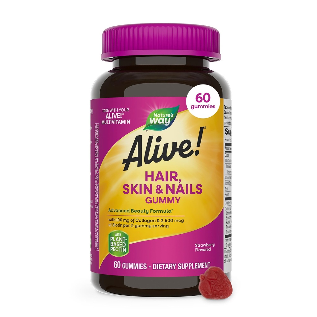 Nature’s Way Alive! Hair, Skin & Nails Gummies with Collagen and Biotin, Advanced Beauty Formula Supplement with Antioxidant Vitamins C & E*, Strawberry Flavored, 60 Gummies