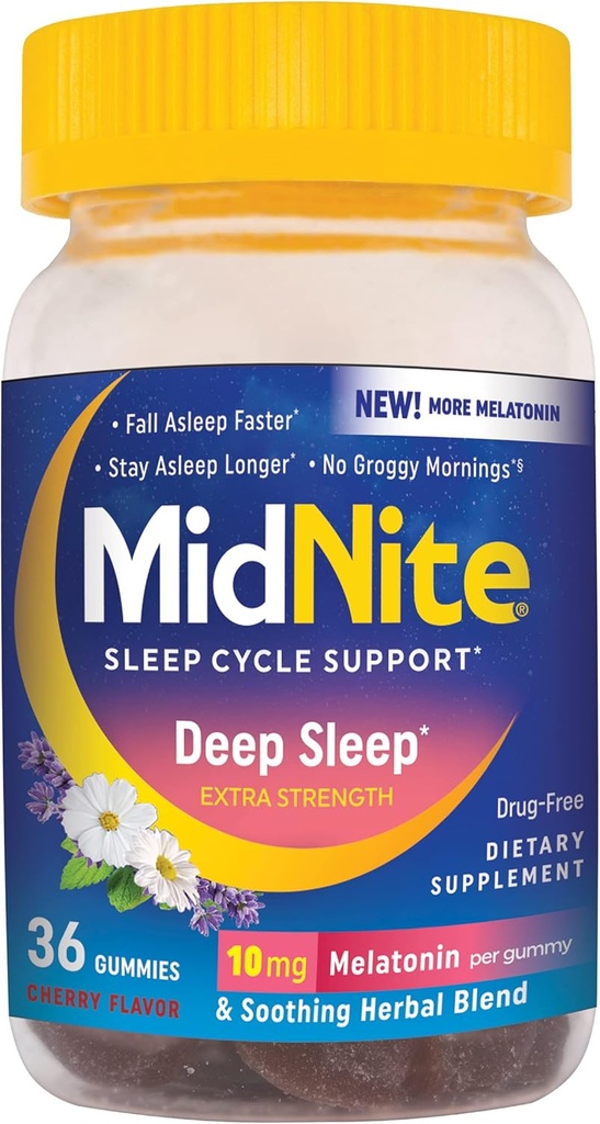 MidNite Deep Sleep Extra Strength, 10 mg Μελατονίνη Sleep Aid, Μη Σχηματισμός Συνταγών, Συμπλήρωμα διατροφής για ενήλικες, Χωρίς φάρμακα, Χωρίς γλουτένη, Χωρίς λακτόζη, Χωρίς χορτοφάγους, 36 Gummies