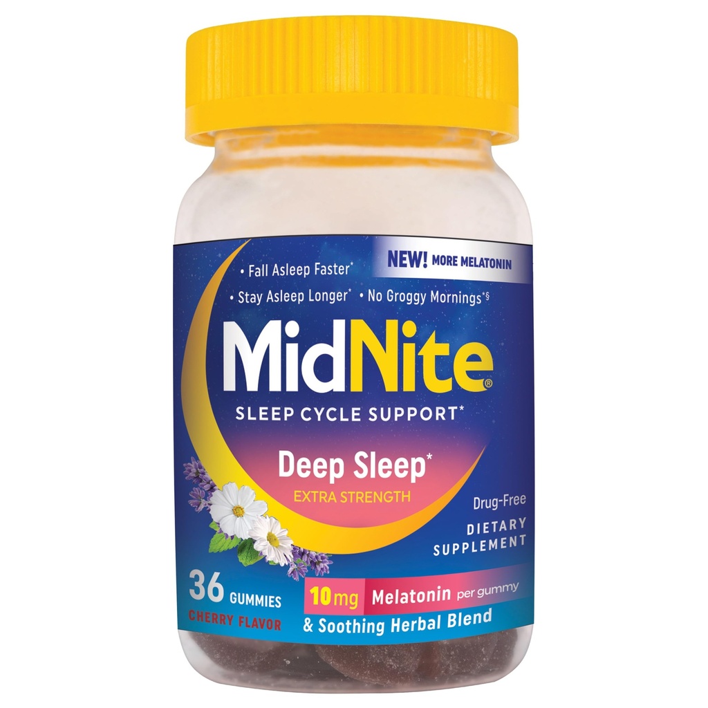 MidNite Deep Sleep Extra Strength, 10 mg Μελατονίνη Sleep Aid, Μη Σχηματισμός Συνταγών, Συμπλήρωμα διατροφής για ενήλικες, Χωρίς φάρμακα, Χωρίς γλουτένη, Χωρίς λακτόζη, Χωρίς χορτοφάγους, 36 Gummies