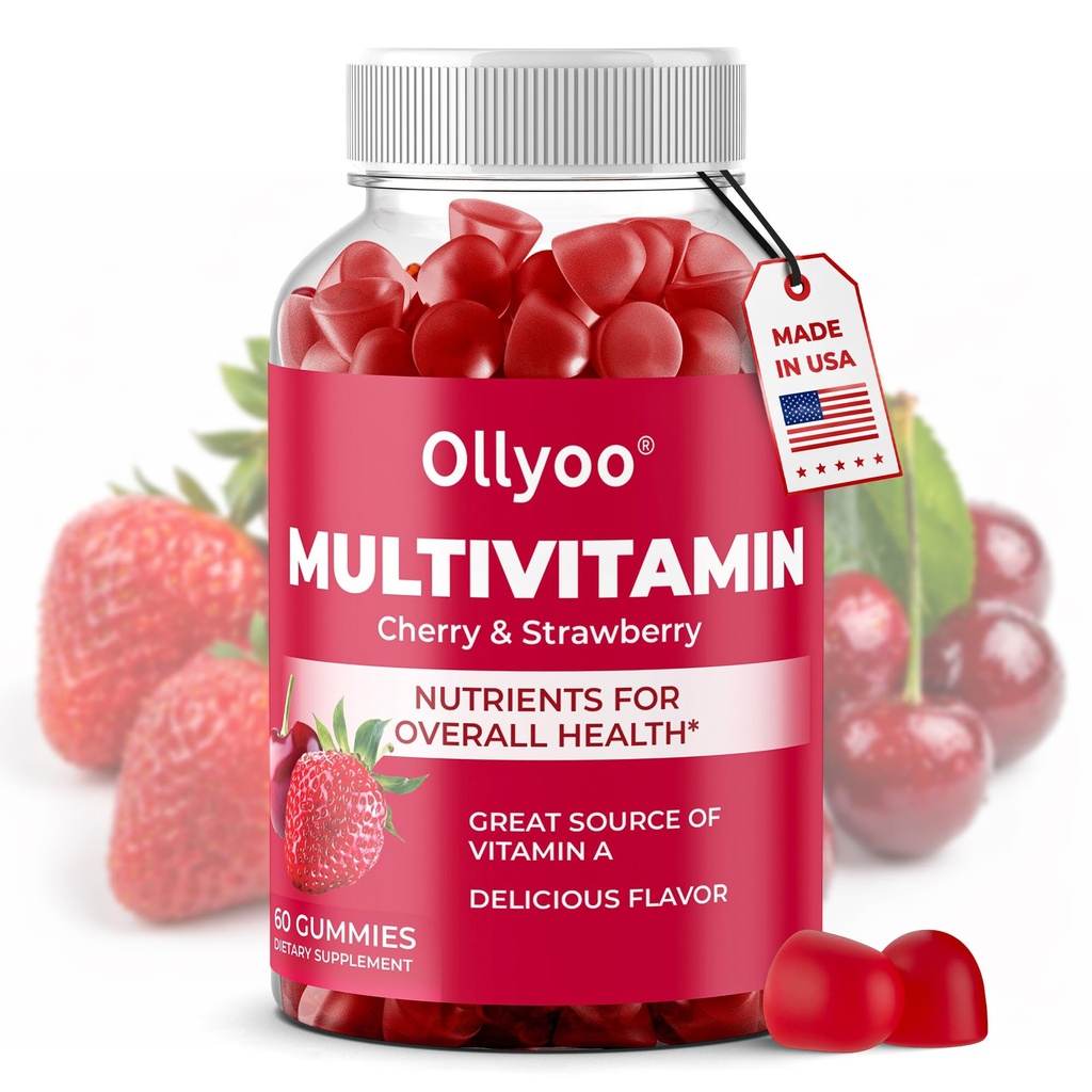 Adult Multivitamin Gummies for Men & Women - Vitamins A, C, D, E, B6, B12, Biotin, Folic Acid - Supports Hair, Skin, Immunity, Energy - Cherry & Strawberry Flavor - 60 Count