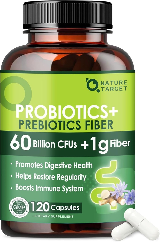 Probiotics for Women & Men Digestive Health with Prebiotic Fiber - Fiber Supplement with 60 Billion Probiotic for Regularity & Gut Cleanse - Υποστηρίζει περιστασιακή δυσκοιλιότητα - 120 κάψουλες Veggie