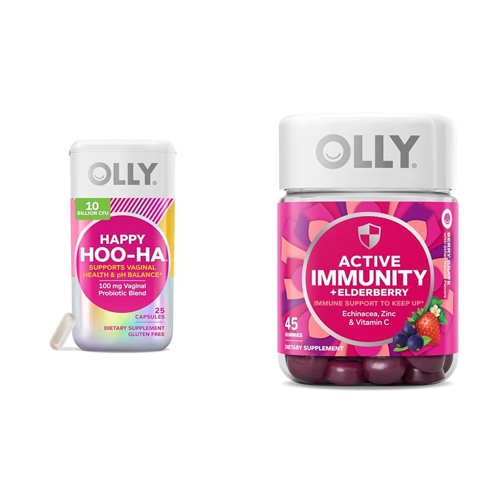 OLLY Happy Hoo-Ha Probiotic for Women Vaginal Health Capsules 25 Count & Active Immunity+Elderberry Gummies 45 Count Berry Flavor
