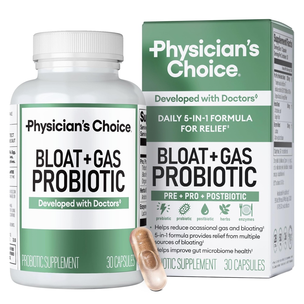Physician's CHOICE Bloat & Gas Probiotic 5-in-1 Proactive Support + Daily Relief - Digestion & Gut Health- Herbals, Digestive Enzymes, Post & Prebiotics - Gas Relief for Adults - Women & Men - 30ct