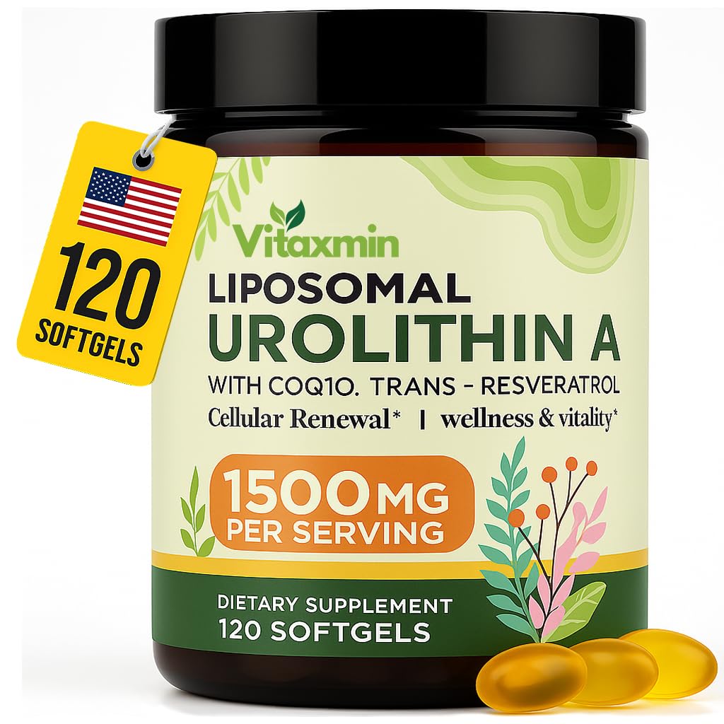 Urolithin A Dietary Supplement 1500mg with CoQ10 and Resveratrol, Liposomal Softgels for Adults, 120 Count, 60 Day Supply