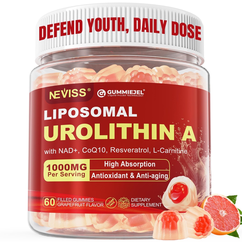 Urolithin A Filled Gummies for Longevity & Muscle Energy, Liposomal Urolithin A+ Supplement with NAD+, CoQ10, Resveratrol & L-Carnitine for Cellular, Mitochondrial, Brain & Heart Health, Vegan, 59ct