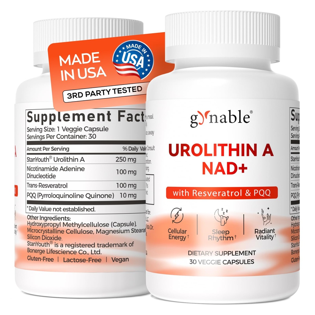 Gynable Patented Urolithin A Supplement with NAD+ | Trans-Resveratrol & PQQ| 4-IN-1 Complex Cellular Energy & Muscle Strength,Longevity Supplement for Sleep and Healthy Aging - Made & Tested in USA