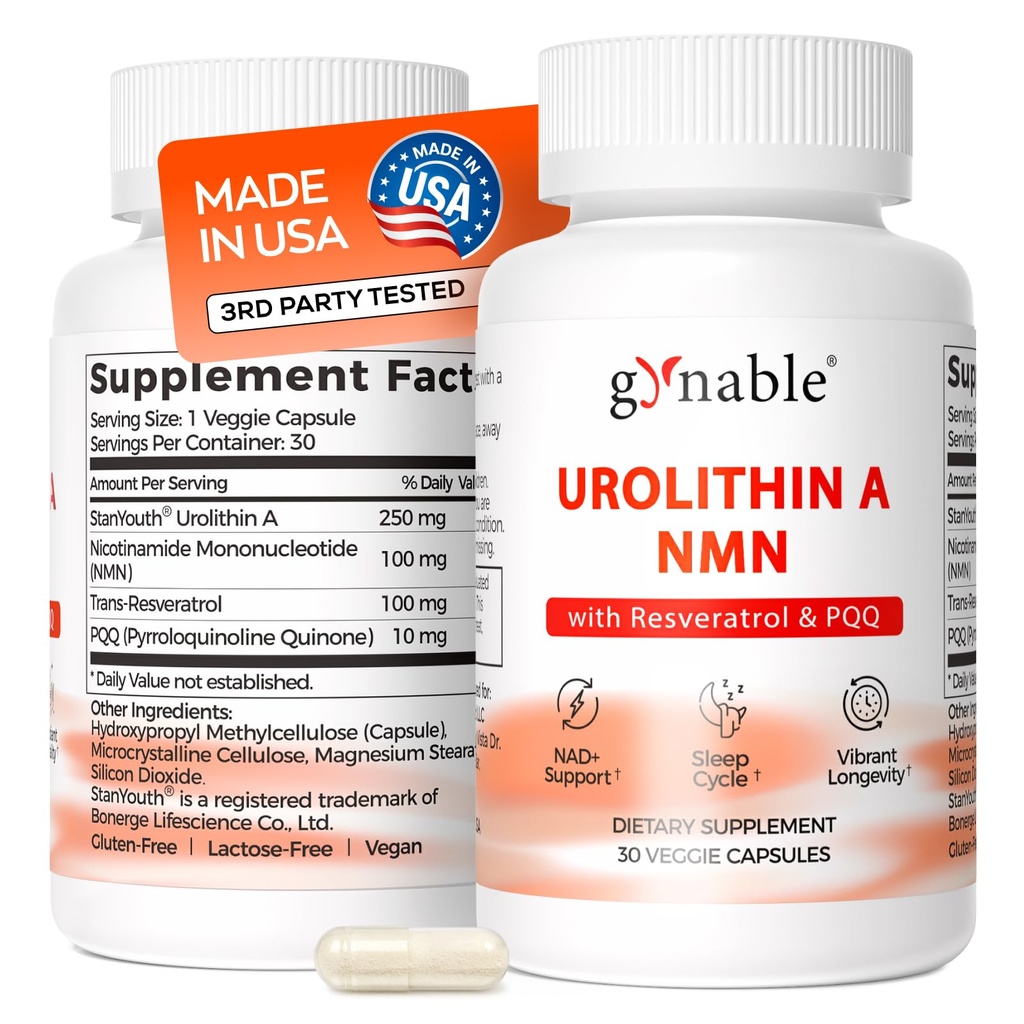 Gynable Patented Urolithin A Supplement with NMN | Trans-Resveratrol & PQQ| 4-IN-1 Complex Cellular Energy & Muscle Strength,Longevity Supplement for Sleep and Healthy Aging - Made & Tested in USA