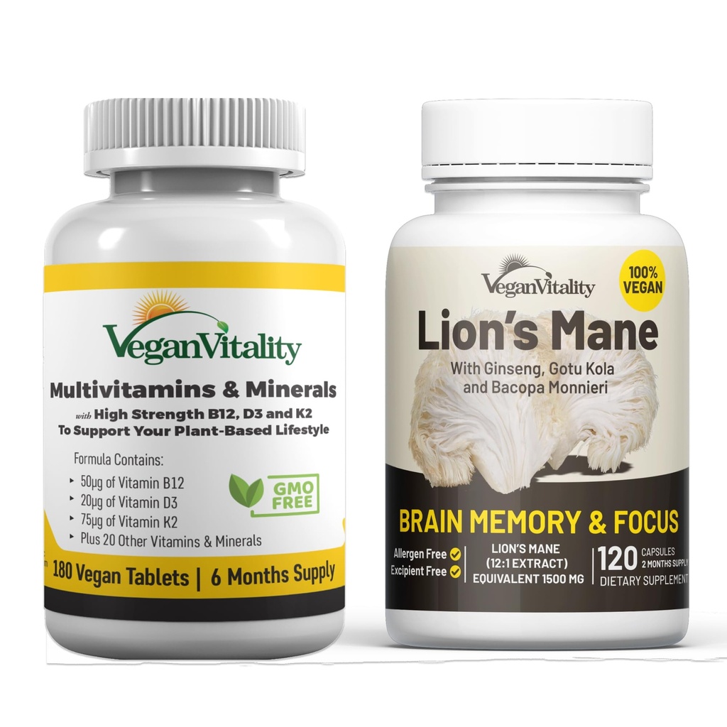 Vegan Vitality Brain Nutrition Bundle - Lions Mane Nootropic Capsules and Vegan Multivitamins. High Strength Plant-Based Supplements for Memory and Focus and Overall Health for Vegans and Vegetarians