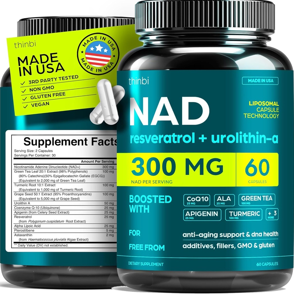 NAD Supplement 300Mg Extra Strength NMN Alternative Liposomal + Green Tea for Women & Men w/ Urolithin A, Resveratrol, CoQ10, Alpha Lipoic Acid