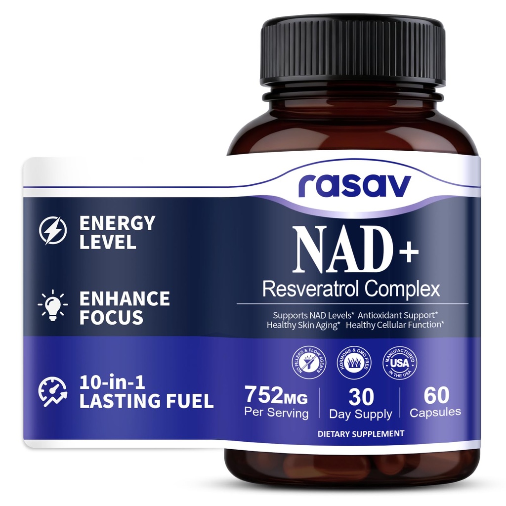 Rasav NAD Supplement 10-in-1 Extra Strength – NAD Resveratrol with CoQ10, Urolithin A, Green Tea Extract & ALA – NMN Supplement Alternative for Women & Men