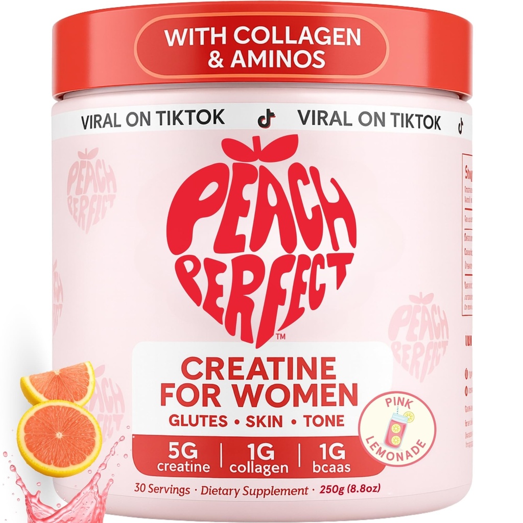 Peach Perfect Creatine για γυναίκες – Micronized Creatine Monohydrate Powder with BCAA & Collagen for Glute Strength Support, Boosts Energy, Focus, Strength, and Endurance – Λεμονάδα, 30 Servings