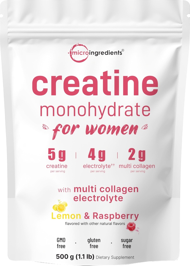 Micro Ingredients Creatine for Women | 5,000mg Micronized Creatine Monohydrate Powder + Multi Collagen, Electrolytes, Biotin, Vitamin C & Hyaluronic Acid | Lemon Raspberry | Sugar-Free, Non-GMO