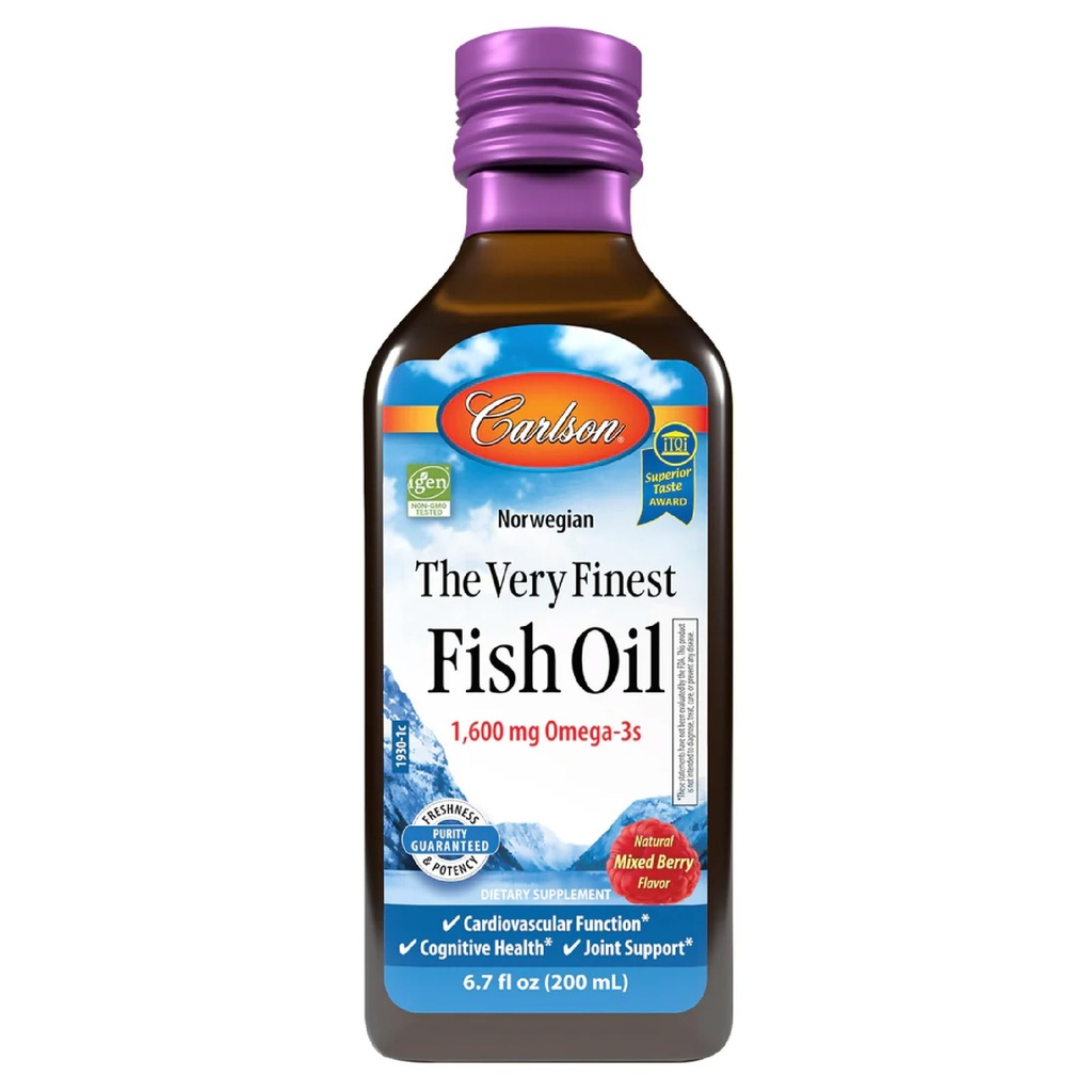 Carlson The Very Finest Fish Oil, 1600 mg Omega-3s, Mixed Berry Flavor, 200 mL – Υγρό Νορβηγικό ιχθυέλαιο, Wild-Caught & Βιώσιμα πηγάζει
