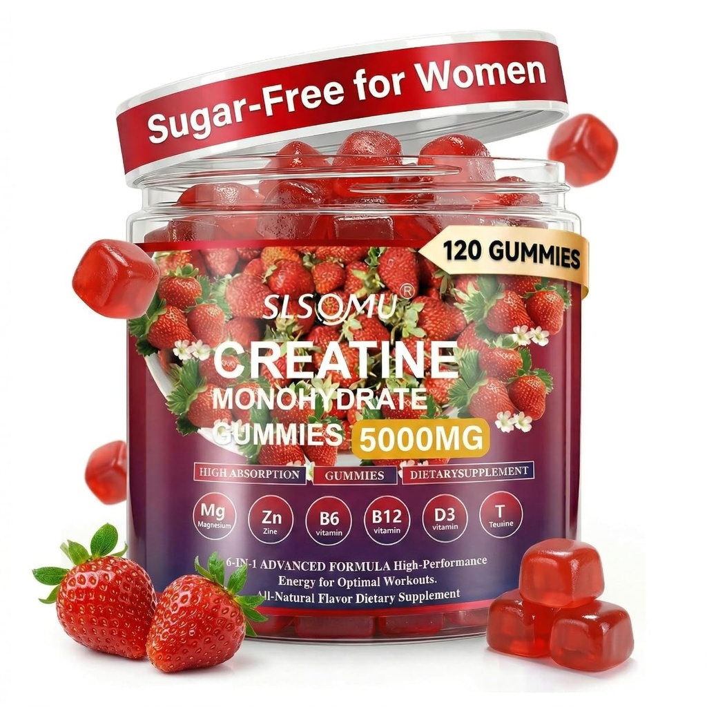 Creatine Gummies for Women, 5000mg Pre-Workout Muscle Strength & Energy Support, 0 Sugar Creatine Gummy with L-Taurine, Zinc, B12 B6, Strawberry Flavor, Vegan - 120 Gummies