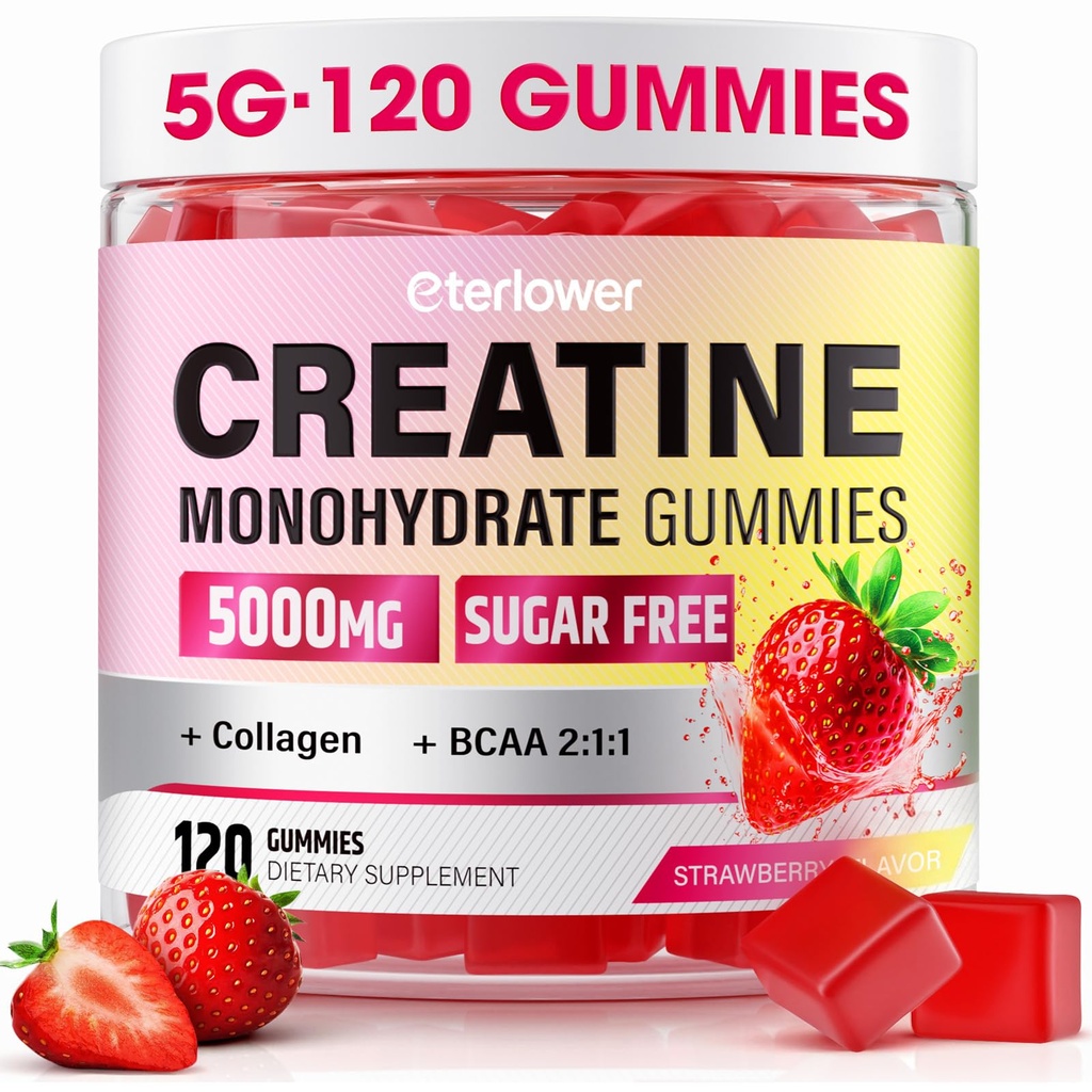 Creatine Monohydrate Gummies, 5g Creatine Gummies for Women & Men.Προ προπόνησης & μυϊκής ανάπτυξης υποστήριξη, Περιέχει BCAA, κολλαγόνο, ζάχαρη-ελεύθερο, 120 Count