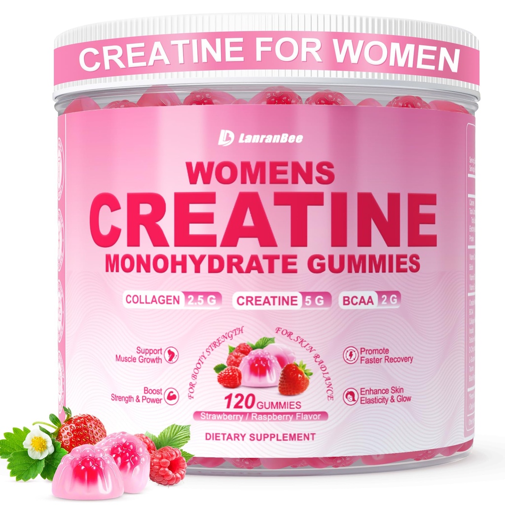Creatine για τις γυναίκες, Creatine Monohydrate Gummies με κολλαγόνο, BCAA, L-Καρνιτίνη & Ταυρίνη, Φράουλα Γεύση, Energy Creatine συμπλήρωμα για μυϊκή δύναμη, Ενέργεια Boost, Ζάχαρη Δωρεάν, 120 Count