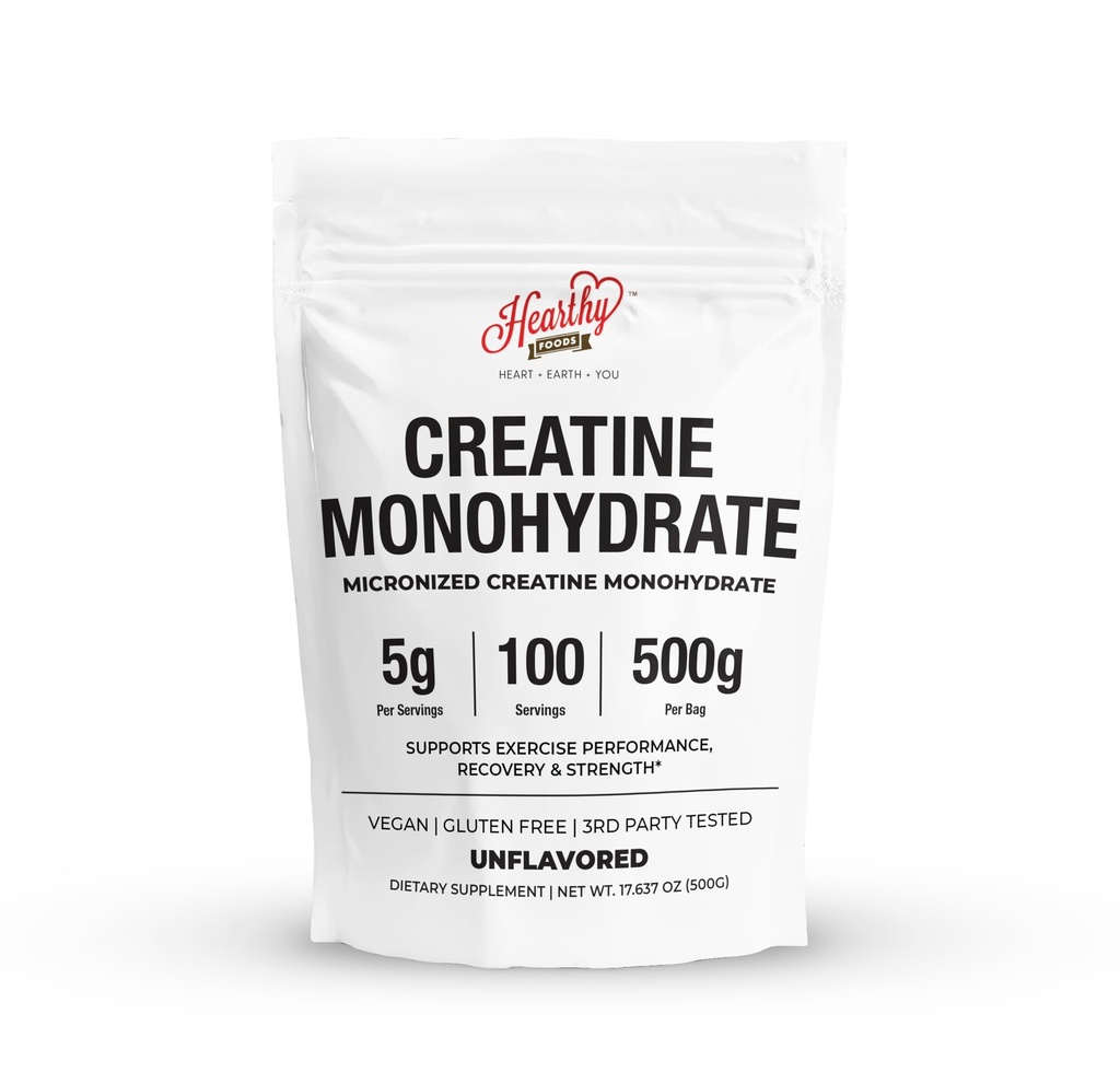HEARTHY FOODS Creatine Monohydrate Micronized Powder 500G - 100 Servings, 5000mg Per Serving (5g) - for Men & Women Muscle Growth & Recovery - UNFLAVORED