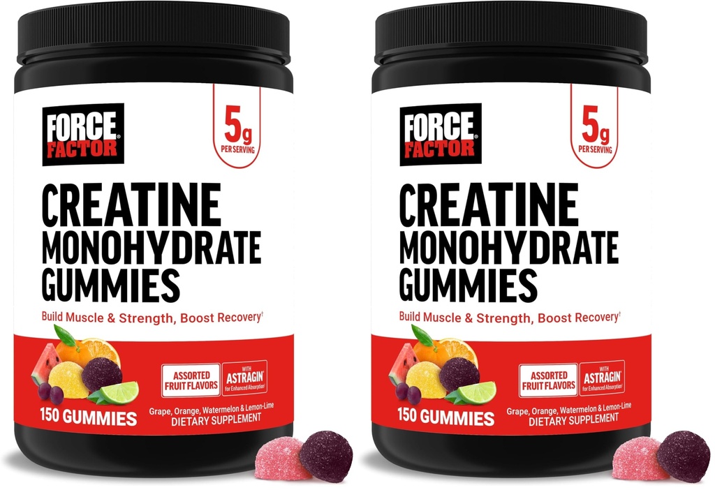 Force Factor Creatine Monohydrate Gummies, 5g Dose for Men & Women to Support Muscle, Strength, Recovery, Cognitive Health & Memory, Assorted Fruit Flavors, 150 Gummies, (Pack of 2)