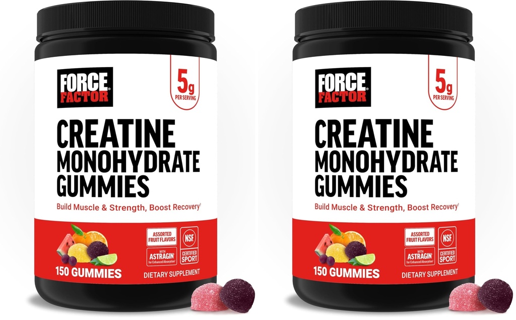 Force Factor Creatine Monohydrate Gummies, 5g Dose for Men & Women to Support Muscle, Strength, Recovery, Cognitive Health & Memory, Assorted Fruit Flavors, 150 Gummies, (Pack of 2)