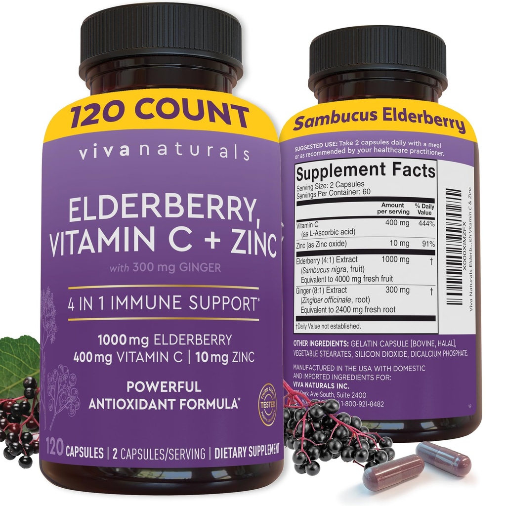 Viva Naturals Elderberry με βιταμίνη C και ψευδάργυρο (120 κάψουλες) - 1000mg Sambucus Elderberry Immune Support Supplement, Black Elderberry Capsles for Adults, Elderberry Vitamins - 2 Μήνες Προσφορά