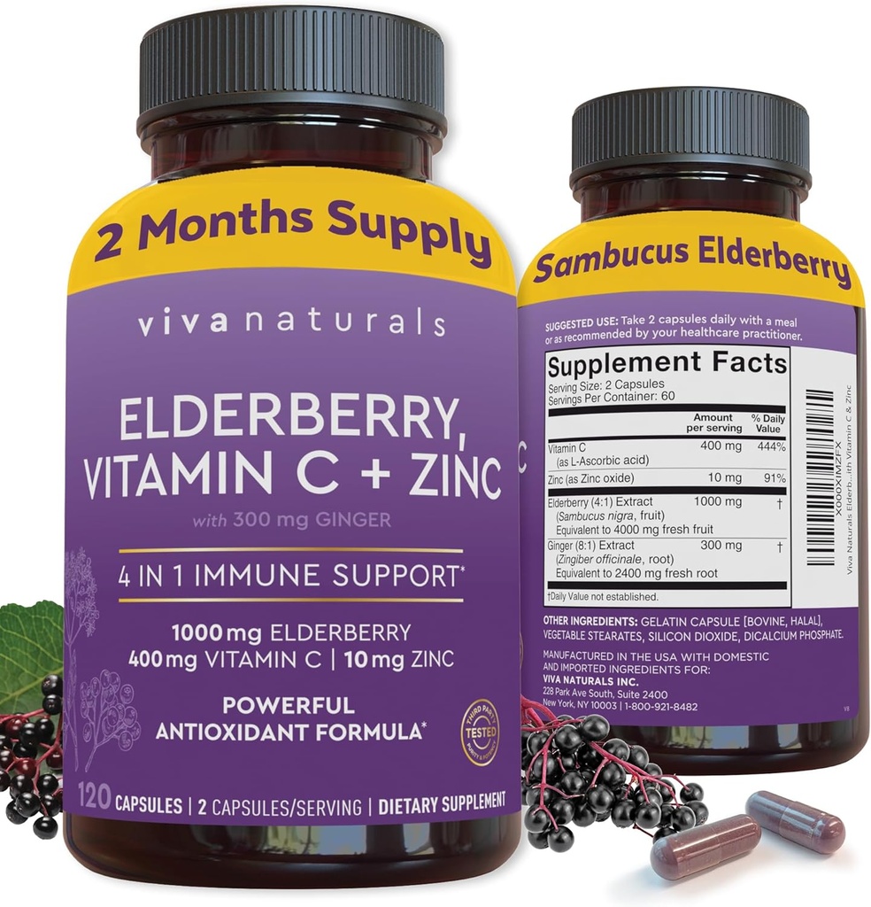 Viva Naturals Elderberry με βιταμίνη C και ψευδάργυρο (120 κάψουλες) - 1000mg Sambucus Elderberry Immune Support Supplement, Black Elderberry Capsles for Adults, Elderberry Vitamins - 2 Μήνες Προσφορά