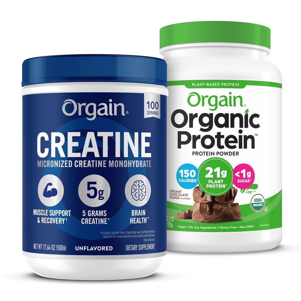 Orgain Creatine Monohydrate Powder (17.64 Oz, 100 Servings) & Βιολογική Vegan Chocolate Fudge Protein Powder (2.03 λίβρες) Bundle - Φυτική βάση πρωτεΐνης & μυϊκή υποστήριξη