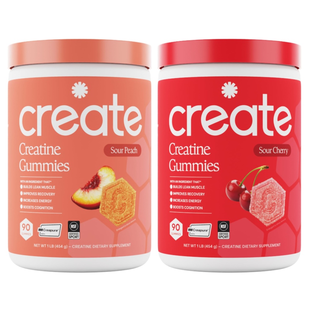 Create Creatine Monohydrate Gummies - Peach Pump Duo - Sour Peach & Sour Cherry - Createine Gummies for Women & Men, NSF Certified, 3rd Party Tested, Anti-Melting Formula, 180 Count (2-Pack)