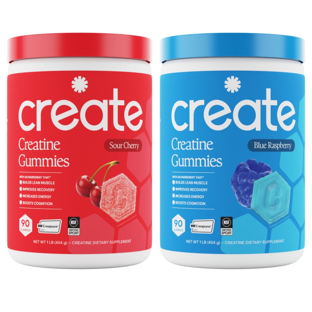 Create Creatine Monohydrate Gummies - Rocket Pop Duo - Blue Raspberry & Sour Cherry - Createine Gummies for Women & Men, NSF Certified, 3rd Party Tested, Anti-Melting Formula, 180 Count (2-Pack)