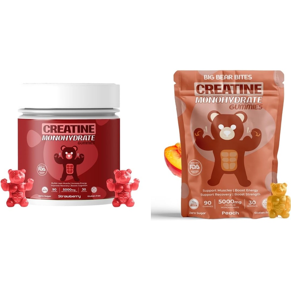 Creatine Monohydrate Gummies Bundle – Strawberry & Peach | 5000mg Per Serving | Sugar-Free, Gluten-Free & Halal | 180 Gummies Total (2 x 90 Count) | for Men & Women