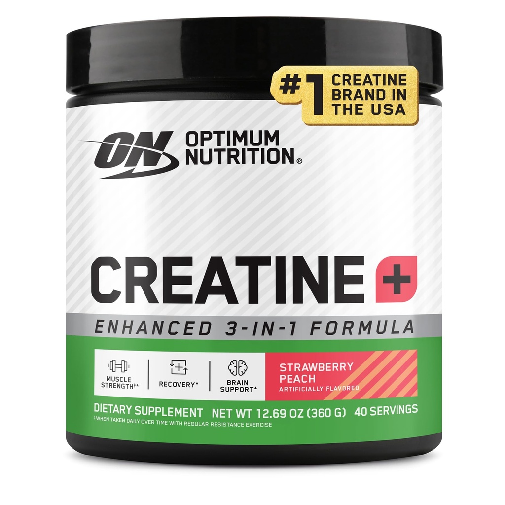 Optimum Nutrition Creatine Monohydrate Plus Powder, Strawberry Peach Flavored Creatine Performance Blend, with Electrolytes for Hydration, Added Vitamins, 40 Servings, 360 Grams (Packaging May Vary)